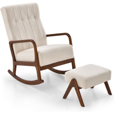 Poltrona a dondolo con poggiapiedi struttura in legno di gomma massello e cuscino imbottito, Set sedia a dondolo Beige