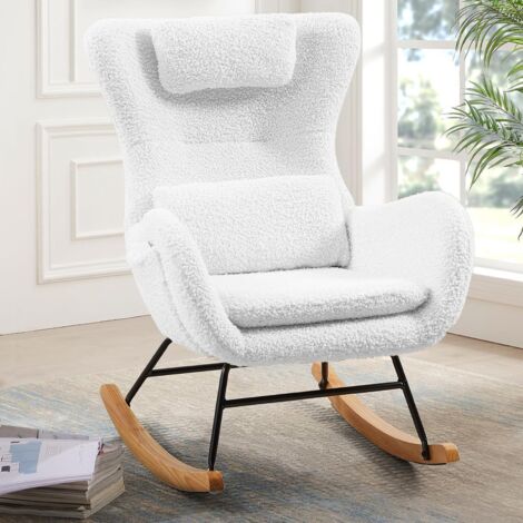 Poltrona a dondolo in poliestere bianco con base in legno massello 54x72x92 cm