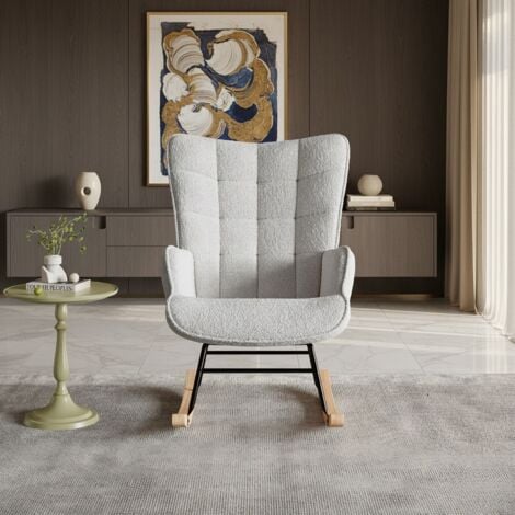 FORTUNA LAI Poltrona a dondolo in tessuto bouclé grigio chiaro - Sedia a dondolo design scandinavo per salotto e camera