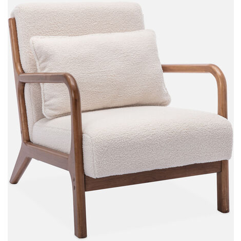 SWEEEK Poltrona bouclé, gambe in legno di hevea tinto noce chiaro, 1 seduta fissa diritta, gambe a compasso scandinave, struttura in legno massiccio