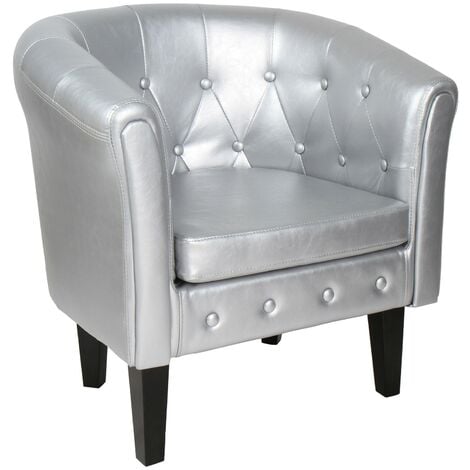 MIADOMODO Poltrona Chesterfield - Imbottita, in Similpelle e Legno, Trapuntata, Argento - Sedia, Poltrona da Salotto, Soggiorno, Camera da Letto, Club