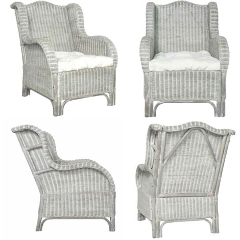 Poltrona con Cuscino Grigio in Rattan Naturale e Lino - Poltrona in rattan - Poltrona in lino