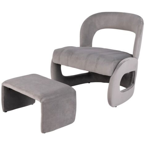 Poltrona con pouf schienale curvo aperto e seduta imbottita in spugna, Set di poltrona e pouf rivestiti in velluto Grigio