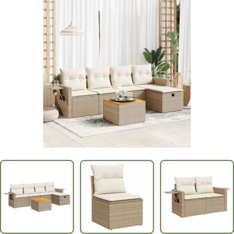 Poltrona da esterno -  Set Divano da Giardino 6 pz con Cuscini Beige in Polyrattan