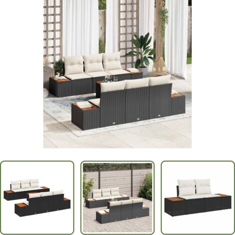 Poltrona da esterno -  Set Divano da Giardino con cuscino 7 pcs Nero Poly Rattan