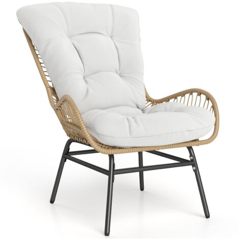 Poltrona da giardino in rattan, sedia da pranzo da esterno in rattan con morbido cuscino e struttura in metallo, portata 180 kg