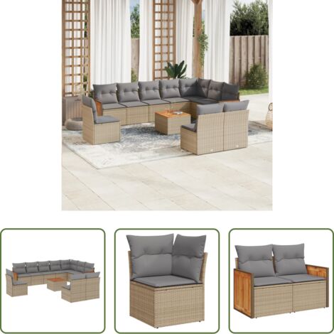 Poltrona da giardino -  Set Divani da Giardino 11 pz con Cuscini Beige in Polyrattan