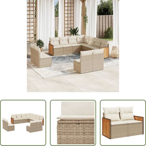 Poltrona da giardino -  Set Divani da Giardino 11 pz con Cuscini Beige in Polyrattan