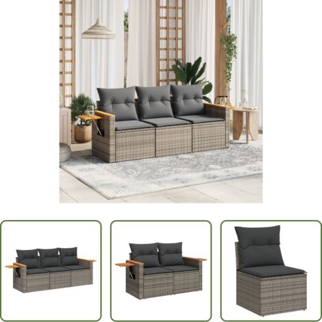 Poltrona da giardino -  Set Divani da Giardino 3 pz con Cuscini Grigio in Polyrattan