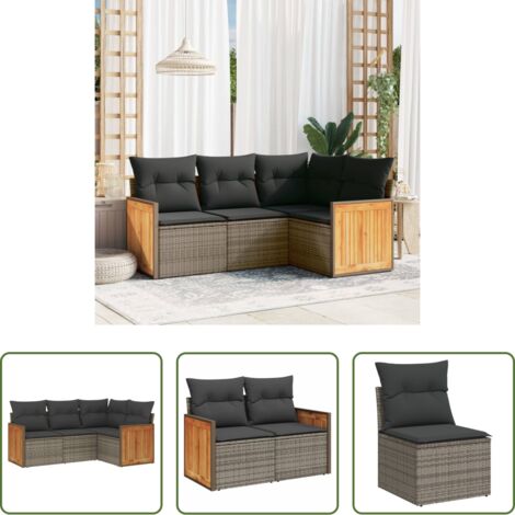 Poltrona da giardino -  Set Divani da Giardino 4 pz con Cuscini in Polyrattan Grigio