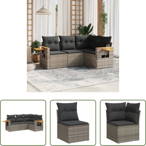 Poltrona da giardino -  Set Divani da Giardino 4 pz con Cuscini in Polyrattan Grigio