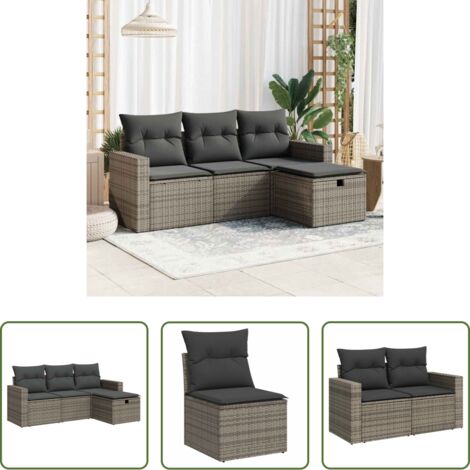 Poltrona da giardino -  Set Divani da Giardino 4 pz con Cuscini in Polyrattan Grigio