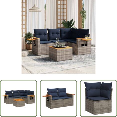Poltrona da giardino -  Set Divani da Giardino 5 pz con Cuscini Grigio in Polyrattan