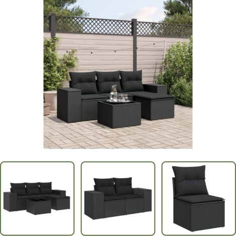 Poltrona da giardino -  Set Divani da Giardino 5 pz con Cuscini in Polyrattan Nero