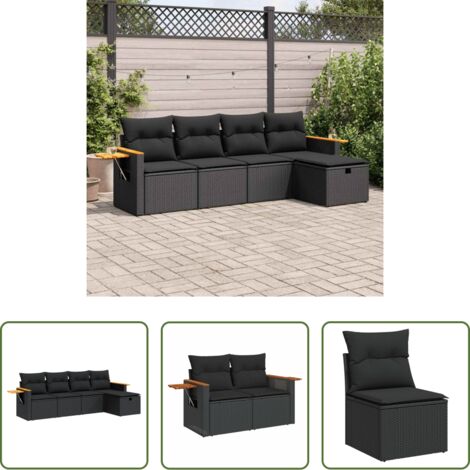 Poltrona da giardino -  Set Divani da Giardino 5 pz con Cuscini in Polyrattan Nero
