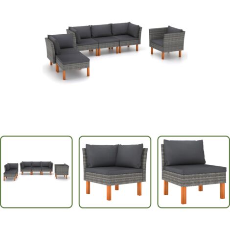 Poltrona da giardino -  Set Divani da Giardino 6pz Polyrattan Legno di Eucalipto Grigio