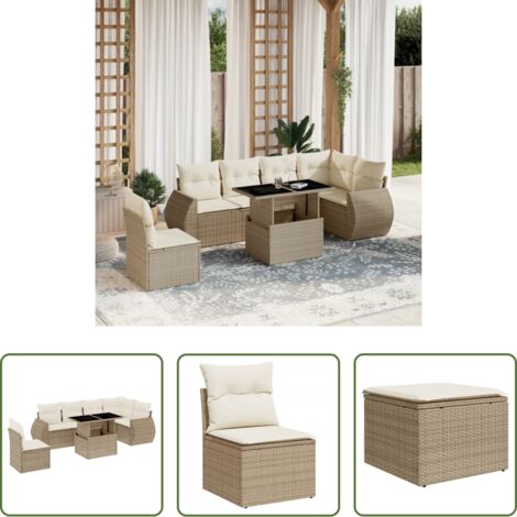 Poltrona da giardino -  Set Divani da Giardino 7 pz con Cuscini Beige in Polyrattan