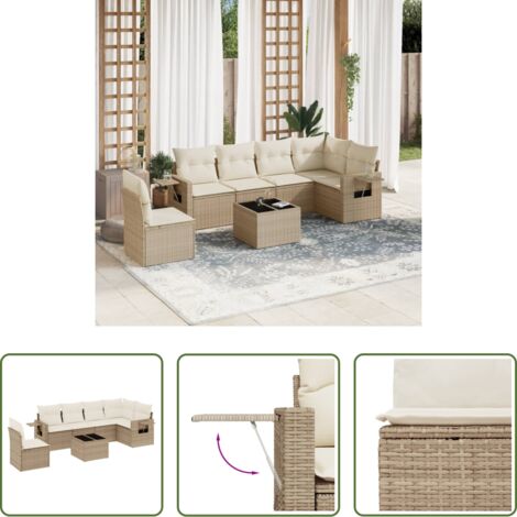 Poltrona da giardino -  Set Divani da Giardino 7 pz con Cuscini Beige in Polyrattan