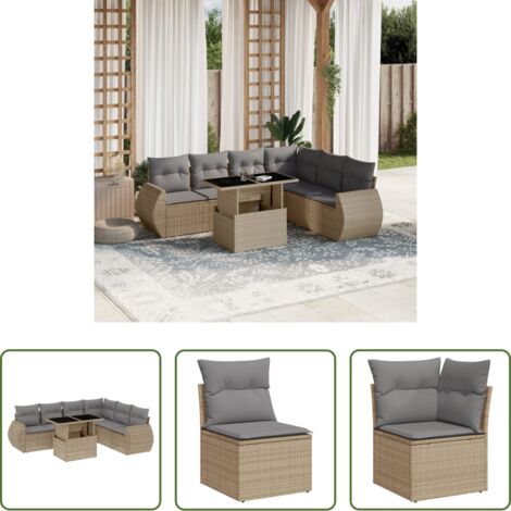 Poltrona da giardino -  Set Divani da Giardino 7 pz con Cuscini Beige in Polyrattan