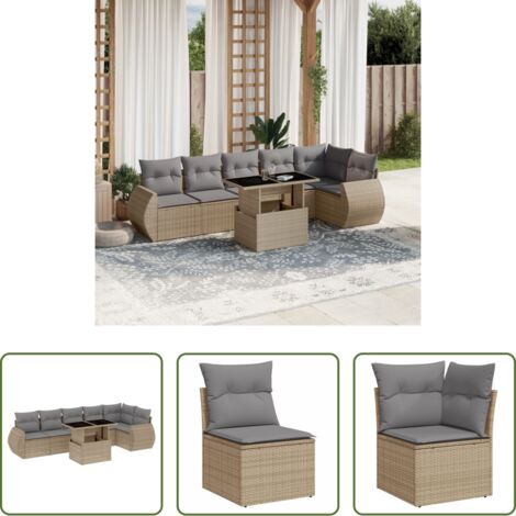 Poltrona da giardino -  Set Divani da Giardino 7 pz con Cuscini Beige in Polyrattan