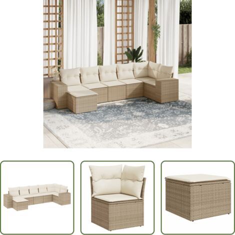 Poltrona da giardino -  Set Divani da Giardino 7 pz con Cuscini Beige in Polyrattan