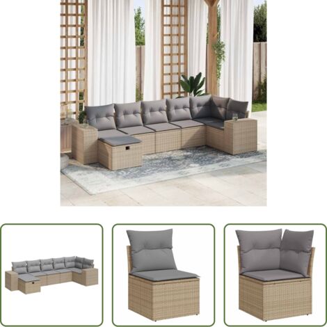 Poltrona da giardino -  Set Divani da Giardino 7 pz con Cuscini Beige in Polyrattan