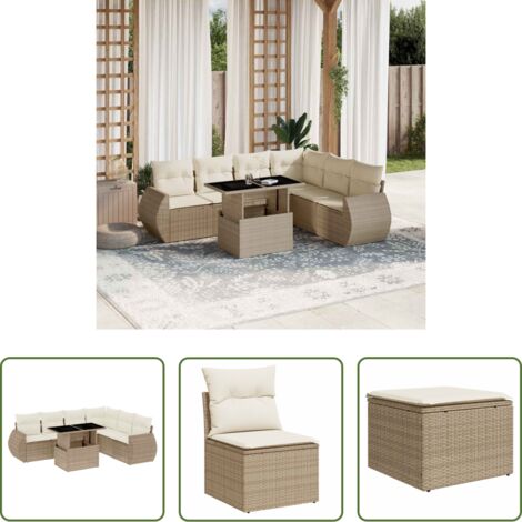Poltrona da giardino -  Set Divani da Giardino 7 pz con Cuscini Beige in Polyrattan