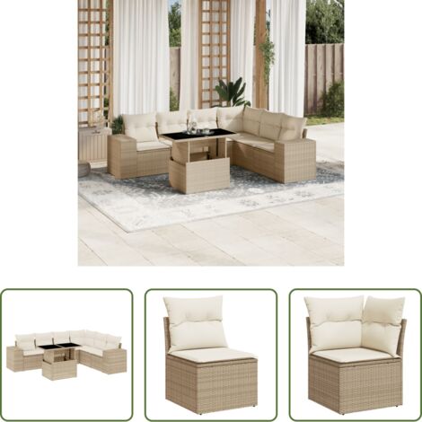 Poltrona da giardino -  Set Divani da Giardino 7 pz con Cuscini Beige in Polyrattan