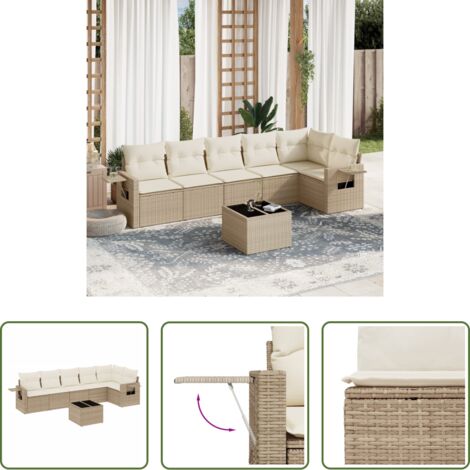 Poltrona da giardino -  Set Divani da Giardino 7 pz con Cuscini Beige in Polyrattan