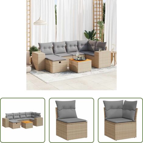 Poltrona da giardino -  Set Divani da Giardino 7 pz con Cuscini Beige in Polyrattan
