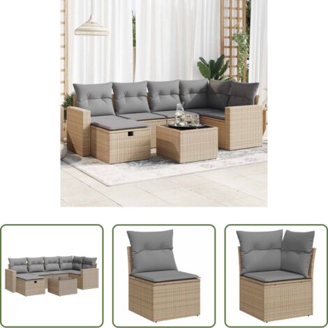 Poltrona da giardino -  Set Divani da Giardino 7 pz con Cuscini Beige in Polyrattan