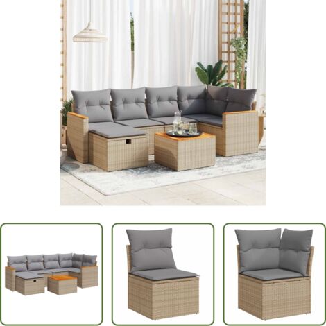 Poltrona da giardino -  Set Divani da Giardino 7 pz con Cuscini Beige in Polyrattan