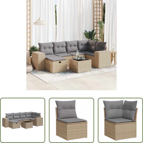 Poltrona da giardino -  Set Divani da Giardino 7 pz con Cuscini Beige in Polyrattan