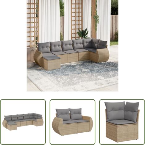 Poltrona da giardino -  Set Divani da Giardino 7 pz con Cuscini Beige in Polyrattan
