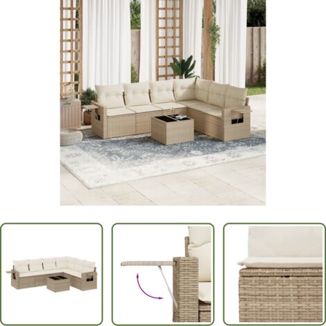 Poltrona da giardino -  Set Divani da Giardino 7 pz con Cuscini Beige in Polyrattan