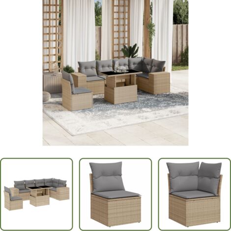 Poltrona da giardino -  Set Divani da Giardino 7 pz con Cuscini Beige in Polyrattan