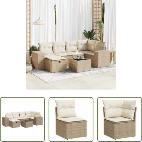Poltrona da giardino -  Set Divani da Giardino 7 pz con Cuscini Beige in Polyrattan
