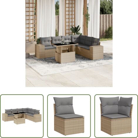 Poltrona da giardino -  Set Divani da Giardino 7 pz con Cuscini Beige in Polyrattan
