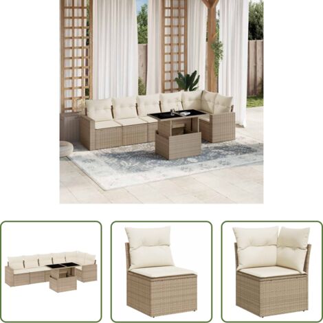 Poltrona da giardino -  Set Divani da Giardino 7 pz con Cuscini Beige in Polyrattan