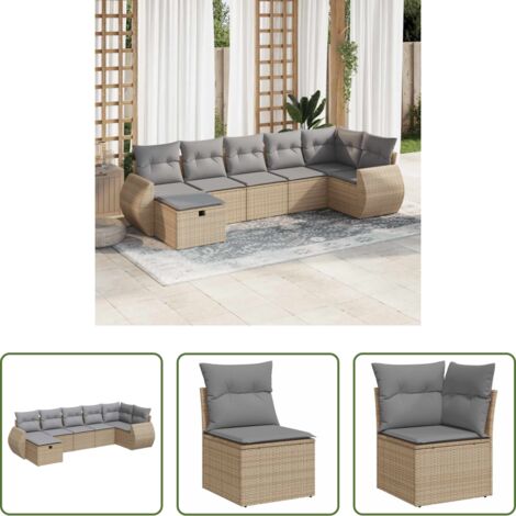 Poltrona da giardino -  Set Divani da Giardino 7 pz con Cuscini Beige in Polyrattan