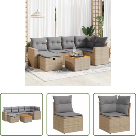 Poltrona da giardino -  Set Divani da Giardino 7 pz con Cuscini Beige in Polyrattan