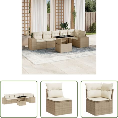 Poltrona da giardino -  Set Divani da Giardino 7 pz con Cuscini Beige in Polyrattan