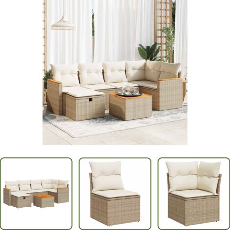 Poltrona da giardino -  Set Divani da Giardino 7 pz con Cuscini Beige in Polyrattan