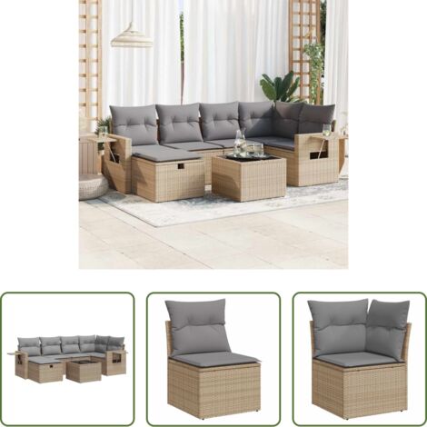 Poltrona da giardino -  Set Divani da Giardino 7 pz con Cuscini Beige in Polyrattan