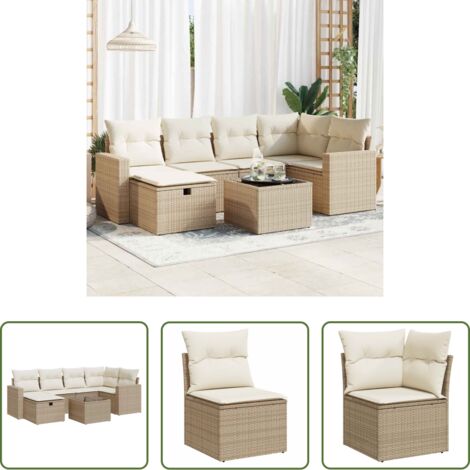 Poltrona da giardino -  Set Divani da Giardino 7 pz con Cuscini Beige in Polyrattan