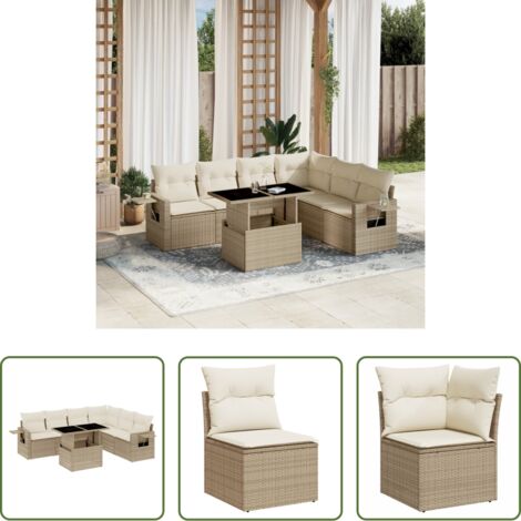 Poltrona da giardino -  Set Divani da Giardino 7 pz con Cuscini Beige in Polyrattan
