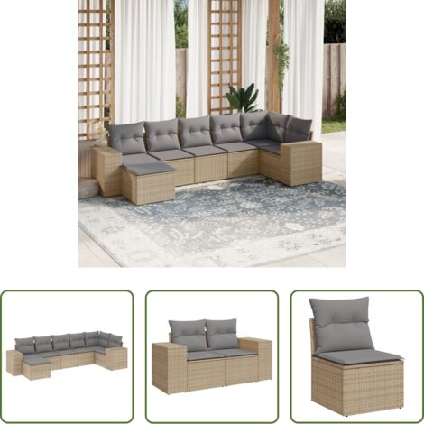 Poltrona da giardino -  Set Divani da Giardino 7 pz con Cuscini Beige in Polyrattan