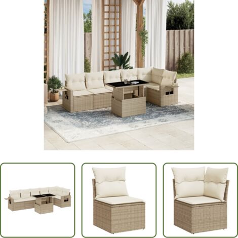 Poltrona da giardino -  Set Divani da Giardino 7 pz con Cuscini Beige in Polyrattan