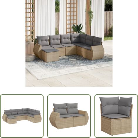 Poltrona da giardino -  Set Divani da Giardino 7 pz con Cuscini Beige in Polyrattan