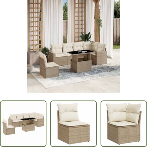 Poltrona da giardino -  Set Divani da Giardino 7 pz con Cuscini Beige in Polyrattan